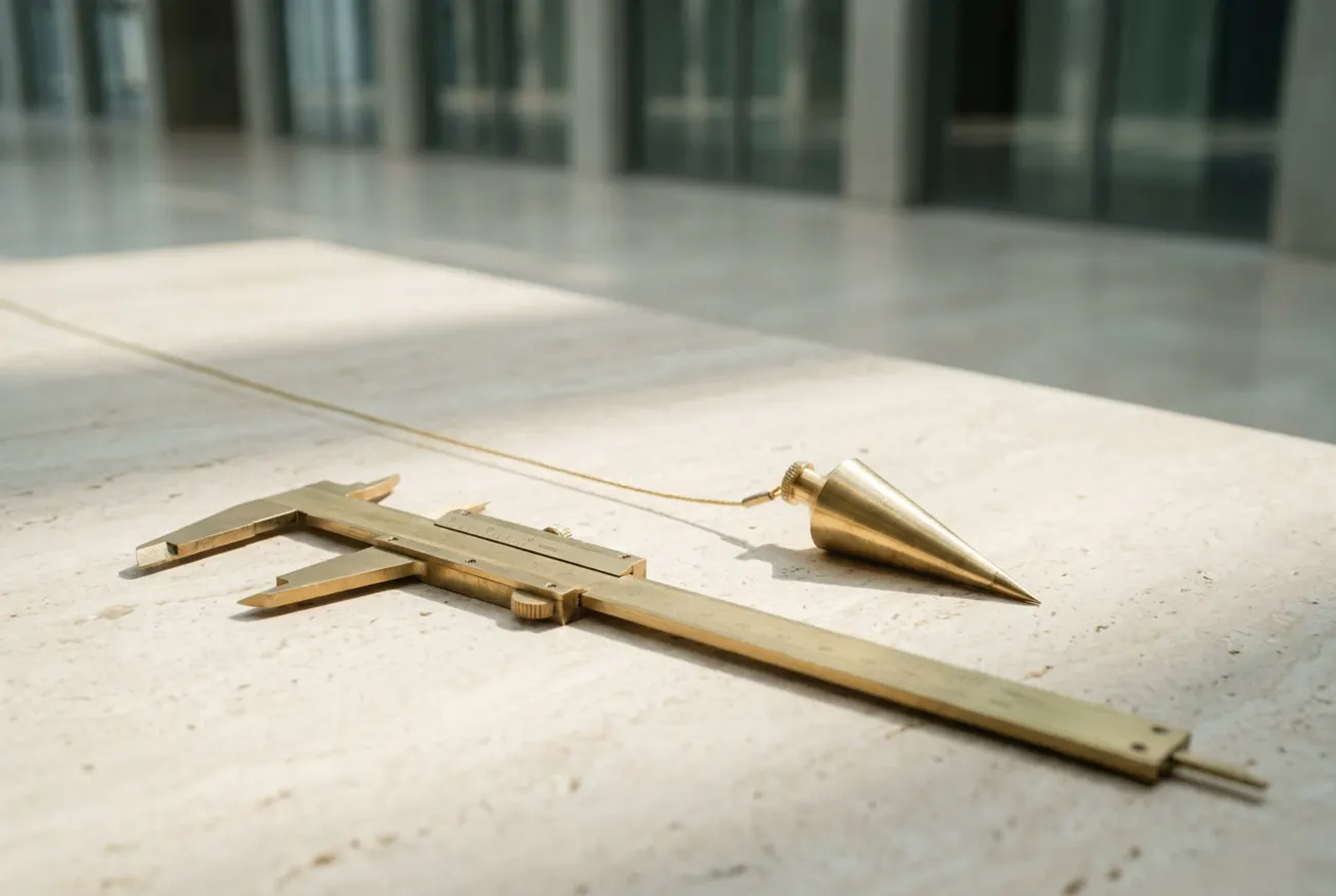 A brass caliper and plumb bob resting on travertine