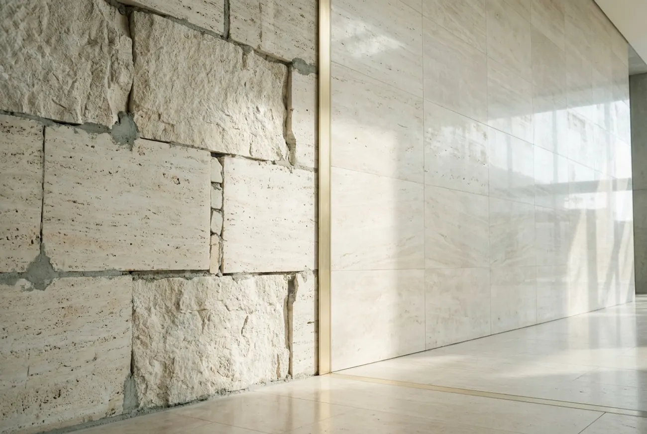 Rough blockwork meeting finished stone at a gold seam