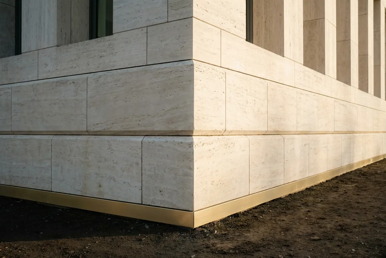 A building's base course seated on a level gold datum strip