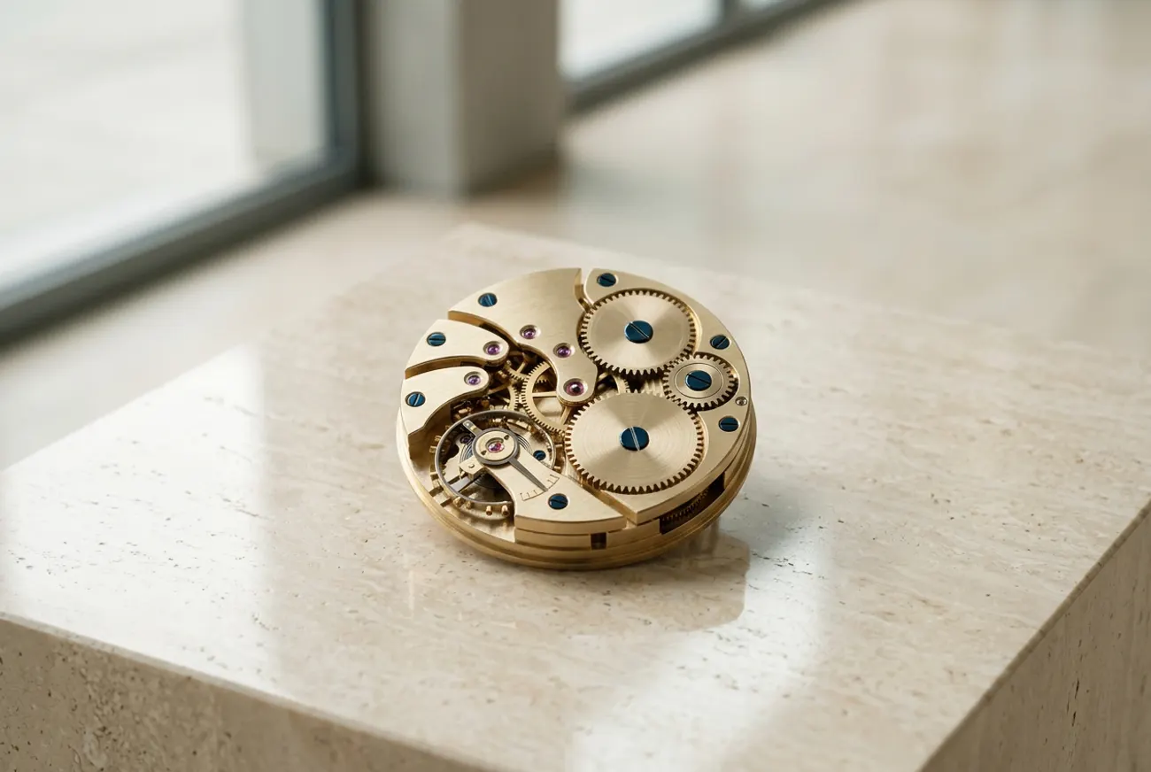 A precision brass movement resting on a stone plinth