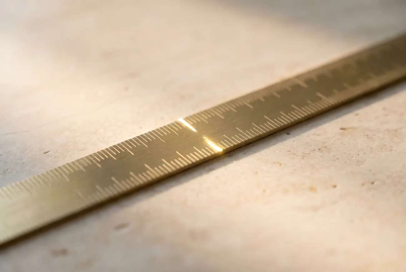 A brass measuring rule with fine graduations on travertine